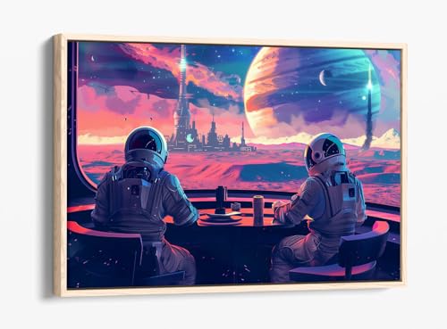 Impression sur toile paysage futuriste espace et grand tableau cadre chêne clair