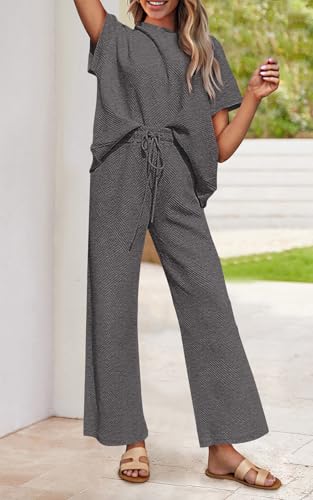 Image of PRETTYGARDEN 2 Piece Outfits For Women Casual Tracksuit Short Sleeve Tops And Wide Leg Long Pants Matching Lounge Sets