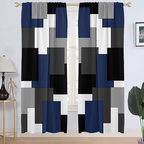 AAtter Navy Blue and Black Window Curtain Grey Gray White Geometric Abstract Mens Boys Teen Minimalist Art Living Room Bedroom Window Drapes Treatment Fabric 1 Pair Home Decor, 52" W x 84" L, Modern Cover