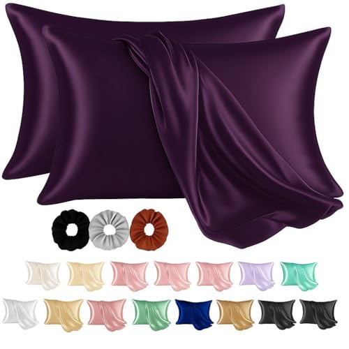 CRAFTELIO® Satin Pillowcase Set of 2 with 3 Free Satin Scrunchies | Soft & Smooth Pillow Covers for Skin & Hair | Anti-Frizz, Wrinkle-Resistant, Gift Combo for Women & Girls (Wine)