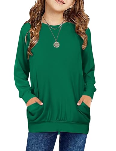 Arshiner Girls Winter Shirts Long Sleeve with Pockets Blouse for Teen Girls Casual Long Sleeve Outfit for Kids Crew Neck Clothes Kids Size 9-10 Green