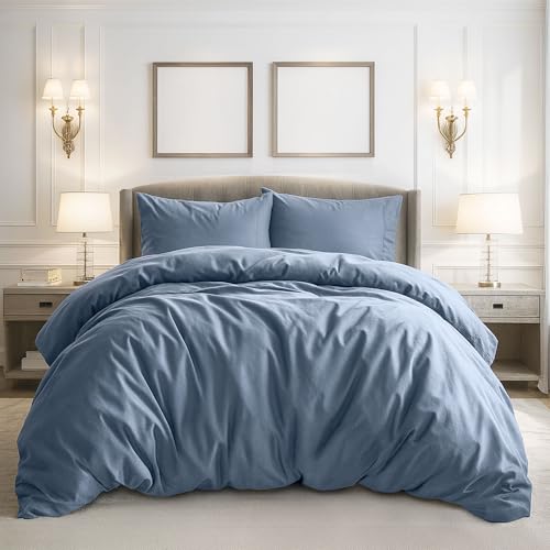 Pure Bedding Duvet Cover Queen Size – 3 Pieces Extra Soft Bedding Set, Includes 1 Duvet Cover 90×90 Inches with Zipper Closure & 2 Pillow Shams, Comforter Not Included, Ash Blue