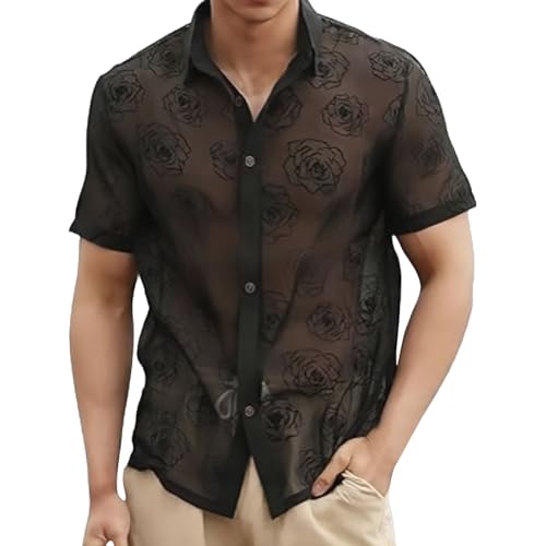 Mymyguoe Swinger Club Netzhemd Herren Spitzen Hemd Langarmshirt Transparent Mesh Top Netz Shirt Hemd Mit Knöpfen Sexy Erotik Unterwäsche Clubwear Blumen Langarm Freizeit Hemd