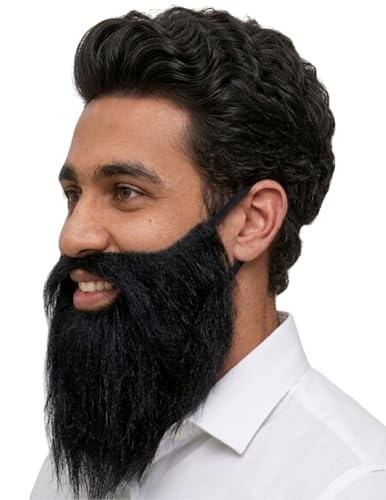 Image of BookMyCostume Black Fake Beard & Moustache Set for Teens & Adults | Pirate & Young Man Costume Beard with Elastic String | Fancy Dress Prop for Acting, Stage Play, School Functions & Halloween