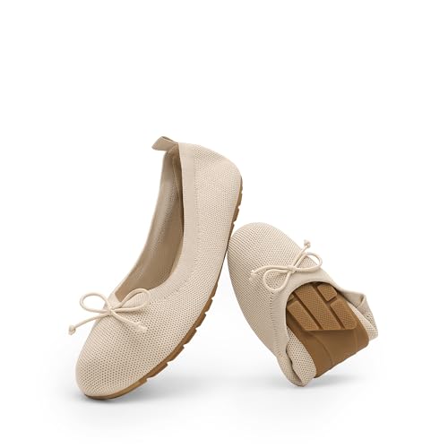 DREAM PAIRS Women's Round Toe Foldable Portable Knit Ballet Flats Comfortable Dressy Flats for Work Office Dress Shoes Business Casual 6 All Nude