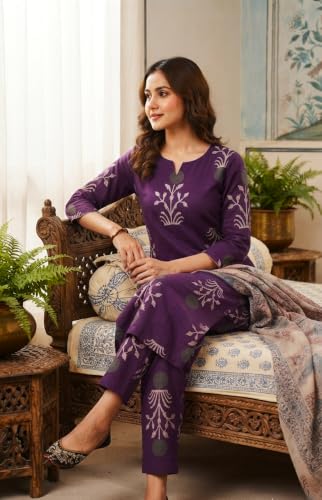 Image of CREATION & YOU Women Cotton Printed Kurta with Palazzo Set | Work /Office Wear Kurta Set for Women