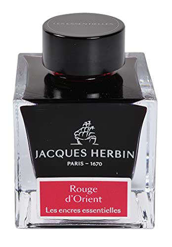 Jacques Herbin 13169JT - 50 ml ink bottle for fountain and roller pens, Rouge d'Orient/ Oriental red colour - Made in France - Calligraphy - Writing - Arts