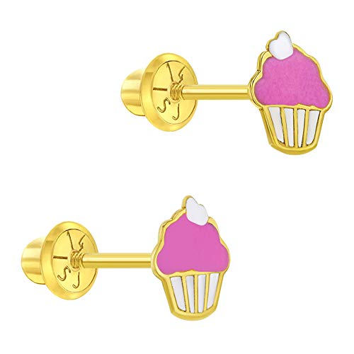 14k Yellow Gold Pink & White Enamel Cupcake Screw Backs for Young Girls-Preteens, Cute Stud Earrings for Young Girls- Small Cupcake Studs for Children, Lovely Little Cupcakes for Girls, Food Stud2