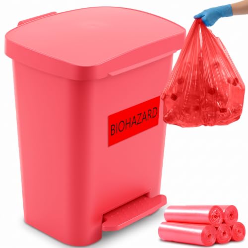 Geiserailie 1 Set 10.6 Gallon Biohazard Trash Can with 50 Hazardous Bags, Foot-Operated Self-Closing Lid & Biohazard Labels for Medical Hospitals Industrial Infectious Hazardous Waste Disposal