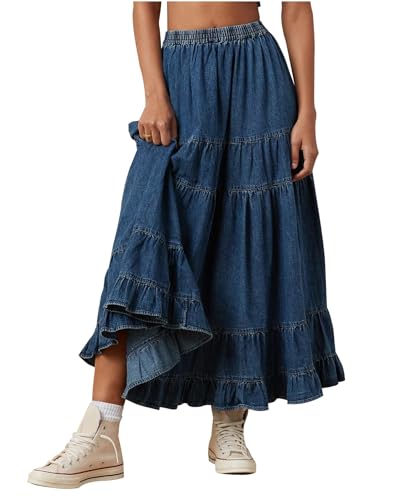Women's Swing Chambray Maxi Skirt Elastic Waist Pleated Tiered Flowy Long Skirts Retro Denim Skirt