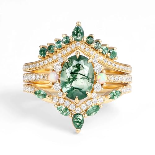 3PCS Oval Cut Gemstone Wedding Ring Set Bridal Set 1 CT Gemstone with Moss Agate and Opal Engagement Rings for Women S925 10K 14K 18K Gold Unique Anniversary Promise Rings Size 4-132