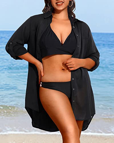 Pinup Fashion Womens Plus Size Swimwear Cover Ups Button Down Beach Long Sleeve Bathing Bikini Shirt Coverup4