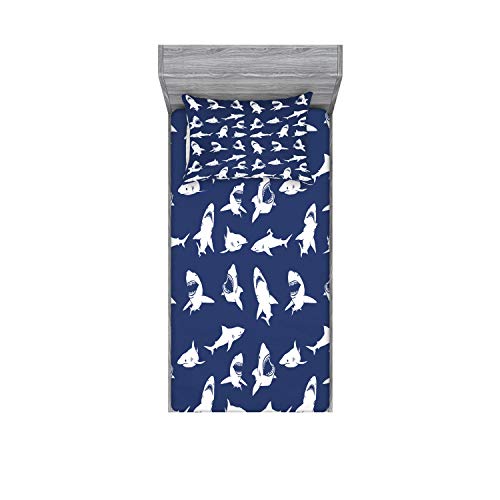 Ambesonne Shark Fitted Sheet & Pillow Sham Set, Fish Pattern Various Gestures Have A Bite Danger Humor Nautical Design, Decorative Printed 2 Piece Bedding Decor Set, Twin, Violet Blue #TOP11