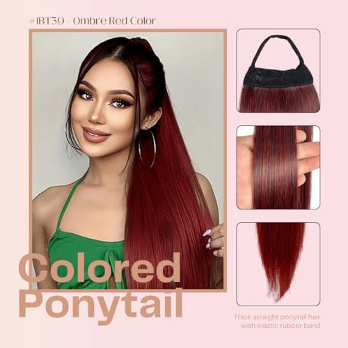 VAVANGA 28inch Long Ponytail Extension with Hair Tie, Ombre Red Yaki Straight Ponytail Thick Braiding Hair Ponytail Natural Fake Pony Tails Hairpiece for Women (#1BT39) — view 2