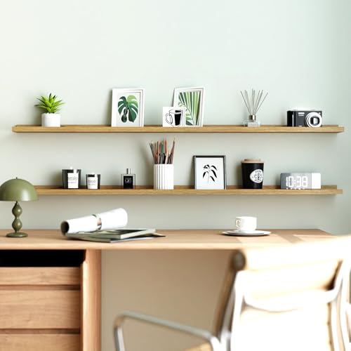 Image of Oak Floating Shelves for Wall Decor, 56 in Shelf with Lip, 2 Set | 4.5 inch Deep Display Picture Ledge Shelf, Long Wall Mounted Storage Shelves for Bedroom, Bathroom, Living Room, Kitchen, Nursery