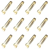 Maxmoral 12PCS Gold Plated Stainless Steel Mini Appetiser Tongs 11x1.6cm Kitchen Tongs Suitable for Ice Cubes Cold Cuts Platter Biscuits Soft Cheeses