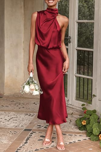 Image of PRETTYGARDEN Women's 2026 Summer Satin Dress Elegant Sleeveless Mock Neck Cocktail Party Maxi Dresses