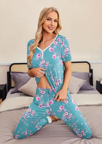 Image of Ekouaer Pajamas for Women Set 2 Piece Fall Lounge Sets Short Sleeve Pjs Joggers Long Pants Sleepwear with Pockets