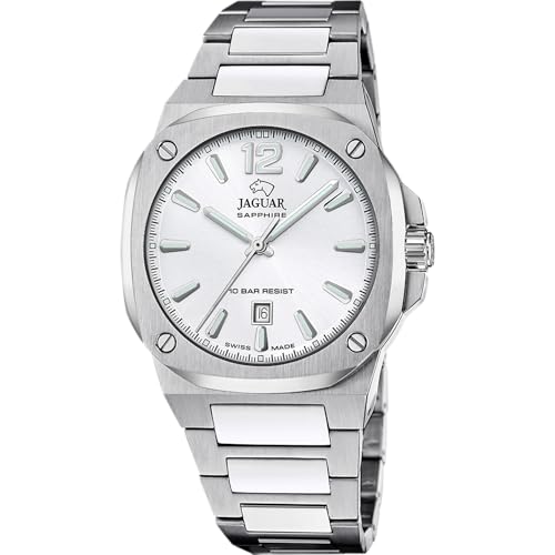 JAGUAR Swiss Made Reloj Hombre Analógico de Acero Inoxidable 316l Plateado   Movimiento de Cuarzo   Calendario   Cristal Zafiro Resistente   Resistente al Agua 10 ATM J1024/4 Rondcarre