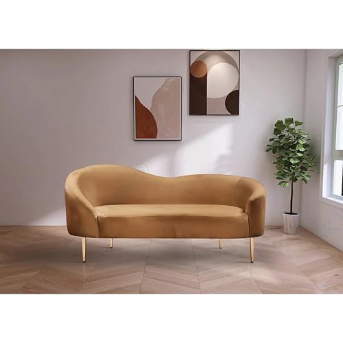 Image of Rosewood Luxury Curved Sofa in Premium Velvet-Fabric | Solid Wood Structure | High Density Foam | Sturdy Golden Legs | Comfortable & Stylish Couch for Modern Living Room (Saddle, 2 Seater)