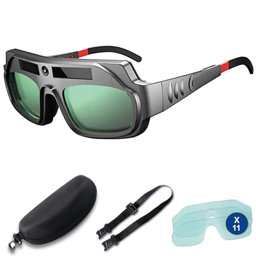 Gafas de Soldadura con Oscurecimiento Automático Ajustables para Energía Solar + 11 Protectores de Repuesto + Correa de Sujeción + Funda - Gafas Proteccion Trabajo y Construccion| 3-Stars