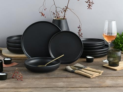 CreaTable, 22979, Serie uno BLACK, 12-teiliges Geschirrset, Teller Set aus Steinzeug, spülmaschinen- und mikrowellengeeignet, Made in Portugal