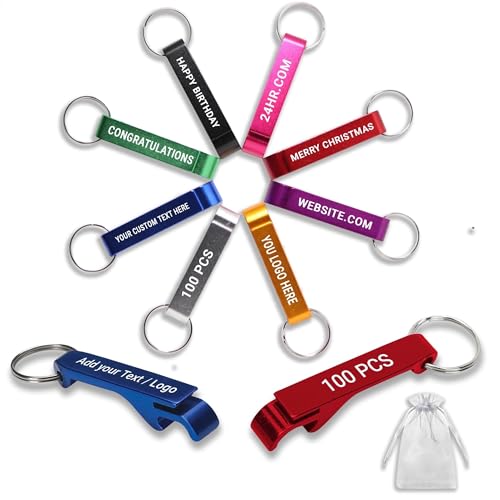 100PCS Personalized Bottle Opener Keychains, Bulk Custom Engraved Text Logo Keychain Can Opener, Customizable Aluminum Beer Bottle Openers for Bar Birthday Party Graduation Brewery Wedding Favors
