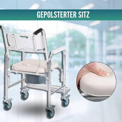 OrtoPrime WC-Duschstuhl mit Rädern und klappbaren Füßen — 3-in-1 — Stuhl mit eingebauter Toilette — tragbarer Toilettenstuhl für ältere Menschen — Duschrollstuhl — Geriatrischer Badezimmerstuhl