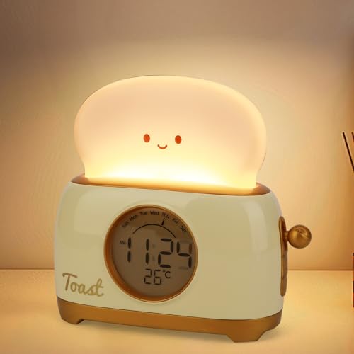 Cute Toast Lamp LED Night Light USB bedside lamps Rechargeable kids nightlight Multifunctional Dimmable Toaster Light Kids Alarm Clock with Time Week and Temperature Display Cute Room Decor