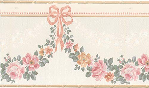 Dundee Deco BD6019 Frise de Papier Peint, Frise Murale, Bordure de papier peint précollé Motif floral beige, rose, vert fleurs dans guirlande, style rétro,...