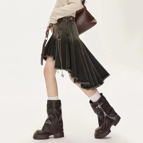 Vintage Distressed Denim Skirt for Women High Low Frayed Raw Hem Jean Midi Skirts3