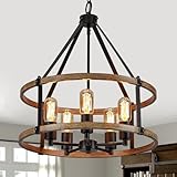 5-Light Farmhouse Chandelier, 17.7 Inch Rustic Black and Vintage Wood Finish Chandeliers for Dining Room Light Fixture, Adjustable Height Hanging Light for Kitchen Island, Entryway, Living Room