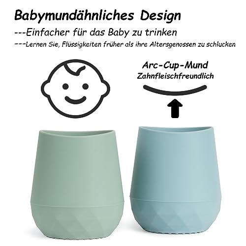 Trinklernbecher ab 6 monate aus Silikon, Tiny Cup, Seposeve 2er-Pack Kleine Trainings Trinkflasche für Babys und Kleinkinder, Baby-Mund-ähnliches Design, mit Kapazitätsmarkierungen, Grün Blau