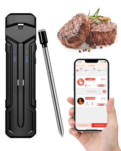 Vicalo Termometro intelligente per carne, portata 150 m, con doppi sensori e Bluetooth, impermeabile, per arrosti, forno, barbecue, nero