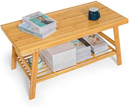 MoNiBloom Bamboo Dual Tier Coffee Tea Table with Open Storage Shelf for Living Room Sitting Room Home Furniture, Natural