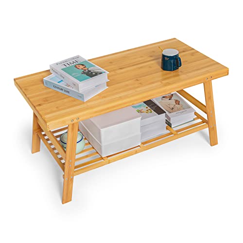 Monibloom Bamboo Dual Tier Coffee Tea Table With Open Storage Shelf For Living Room Sitting Room Home Furniture, Natural #TOP8