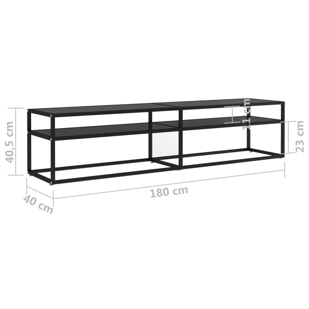 Szafka TV czarna 180 x 40 x 40,5 cm, szkło hartowane, stal malowana proszkowo, nowoczesne centrum rozrywki do salonu, stabilna konsola TV z półką