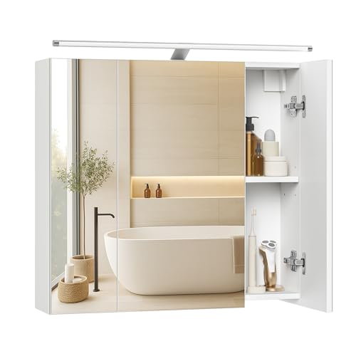VASAGLE Kailyn Kollektion - Spiegelschrank Bad mit Beleuchtung, Badezimmerschrank mit 3 Türen, Wandschrank mit verstellbaren Ablagen, moderner Stil, 15 x 60 x 55 cm, wolkenweiß BBK138WB01