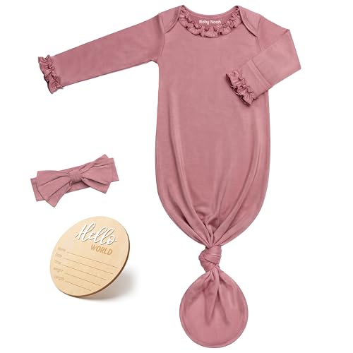 Newborn Knotted Gown for Baby Girls with Ruffle Neck & Sleeves Soft Infant Sleepers Gown with Adjustable Knot Bottom Matching Bow Headband & Announcement Sign (Dark Pink)