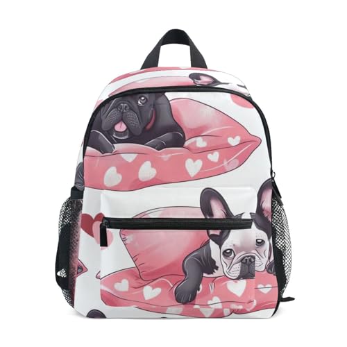 Simpatico zaino rosa con bulldog francesi con targhetta per nome, zaino prescolare per ragazze, Simpatico Bulldog Francese Rosa, Small, Zaini Carino