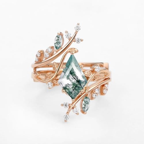 1.5CT Natural Moss Agate Wedding Ring Set for Women S925/10K/14K/18K Gold Moss Agate Bridal Ring Set Vintage Engagement Ring Set for Wife Bridal4