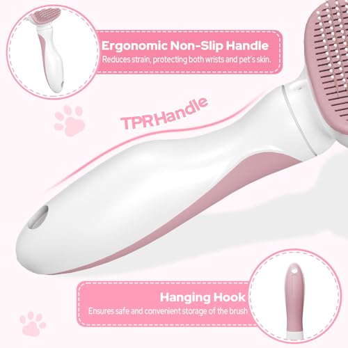 Zivacate Katzenbürste Hundebürste, Selbstreinigende Zupfbürste, Hundekamm Fellbürste Hund Sanft Entfernt Unterwolle, Massage Fellpflege Bürste für Mittel und Langhaar Hunde Katzen - Pink-Weiß
