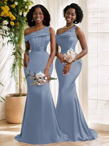 Mermaid One Shoulder Bridesmaid Dresses for Women Long Satin Corset Prom Dress Formal Gowns4