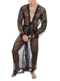 Yanarno Men's Sexy Long Dot Pattern Mesh Dress Sheer Gown See Through Lingerie Kimono Robe Cover Up Black Medium