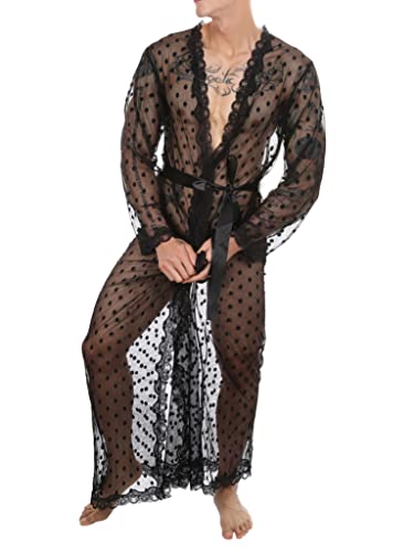 Yanarno Men's Sexy Long Dot Pattern Mesh Dress Sheer Gown See Through Lingerie Kimono Robe Cover Up Black Medium #TOP28