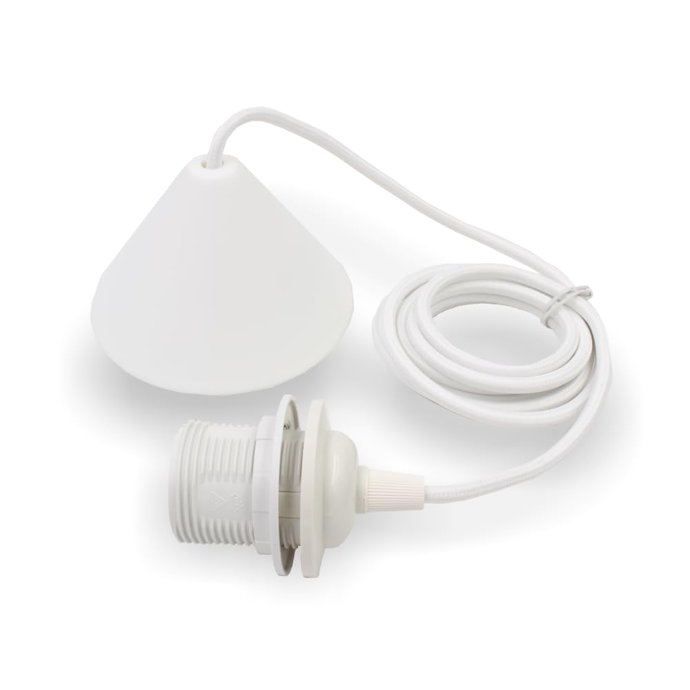 Licht-Zubehoer.de Schnurpendel, Hängefassung, Pendelleuchte mit Textilkabel, Baldachin und E27 Fassung & Schraubring für Lampenschirme | Schwarz oder Weiss | 2000mm (Weiss), 90-2000-XX