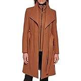 Calvin Klein Women's Angled Twill Fabric Wing Collar Coat, Dark Camel, Small