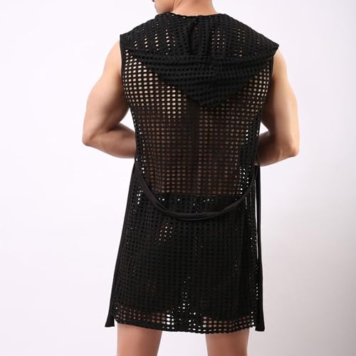 JEKE-DG Men's Sexy Hooded Mesh Robes See Through Sleeveless Lingerie Set Breathable Bathrobes Sleepwear Pajamas4