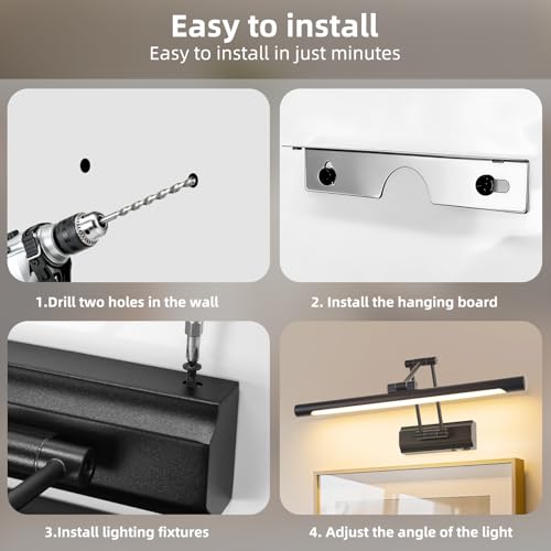 Image of 17 inchBattery Operated Picture Light, 5200mAh Rechargeable Wall Light for Paintings, 3-Color & Dimmable LED Art Light with 270 Rotate Arm, Cordless Frame Lighting for Gallery, Living Room, Black
