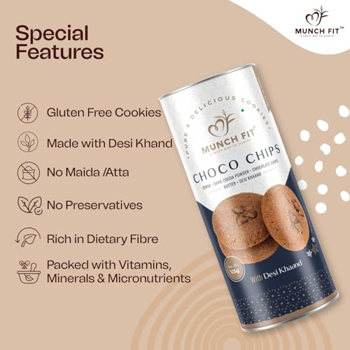 Image of Munch Fit Millet Choco Chip Cookies, Egg Less Cookies Made with Desi Khand 125gm Pack of 2 | Healthy, Tasty & Crunchy Jowar Choco Chip for Kids & Adults | Protein Rich No Maida, No Added Sugar